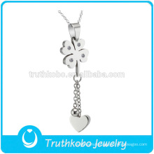 TKB-JP0165 Women new design crystal paved four of the clover with heart lengthen chain stainless steel lucky charm pendant